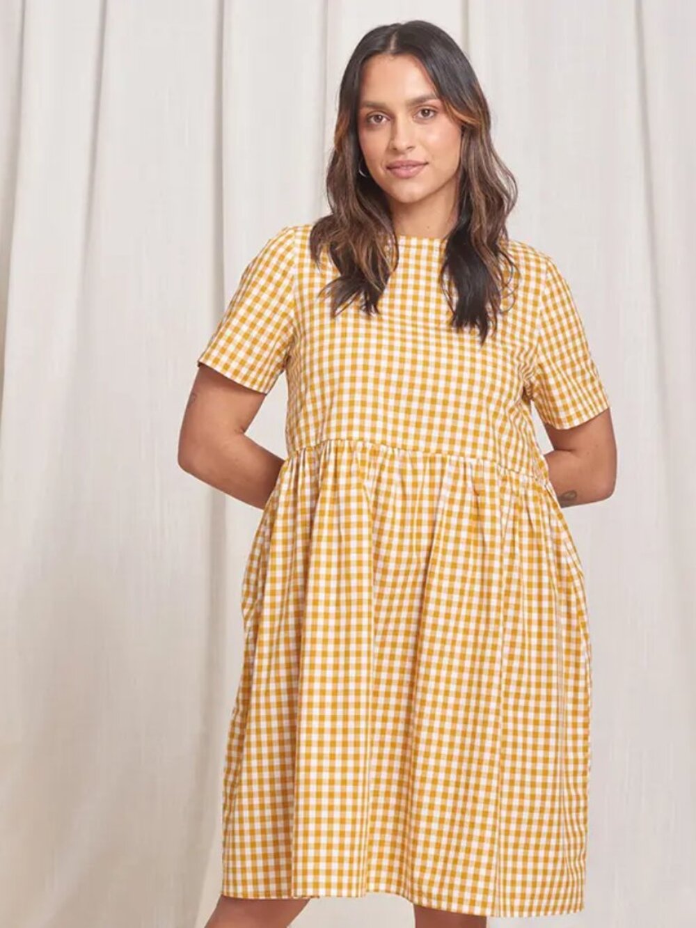 TRADLANDS Nico Marigold Yellow Gingham Check 100% Cotton Dress, Size M